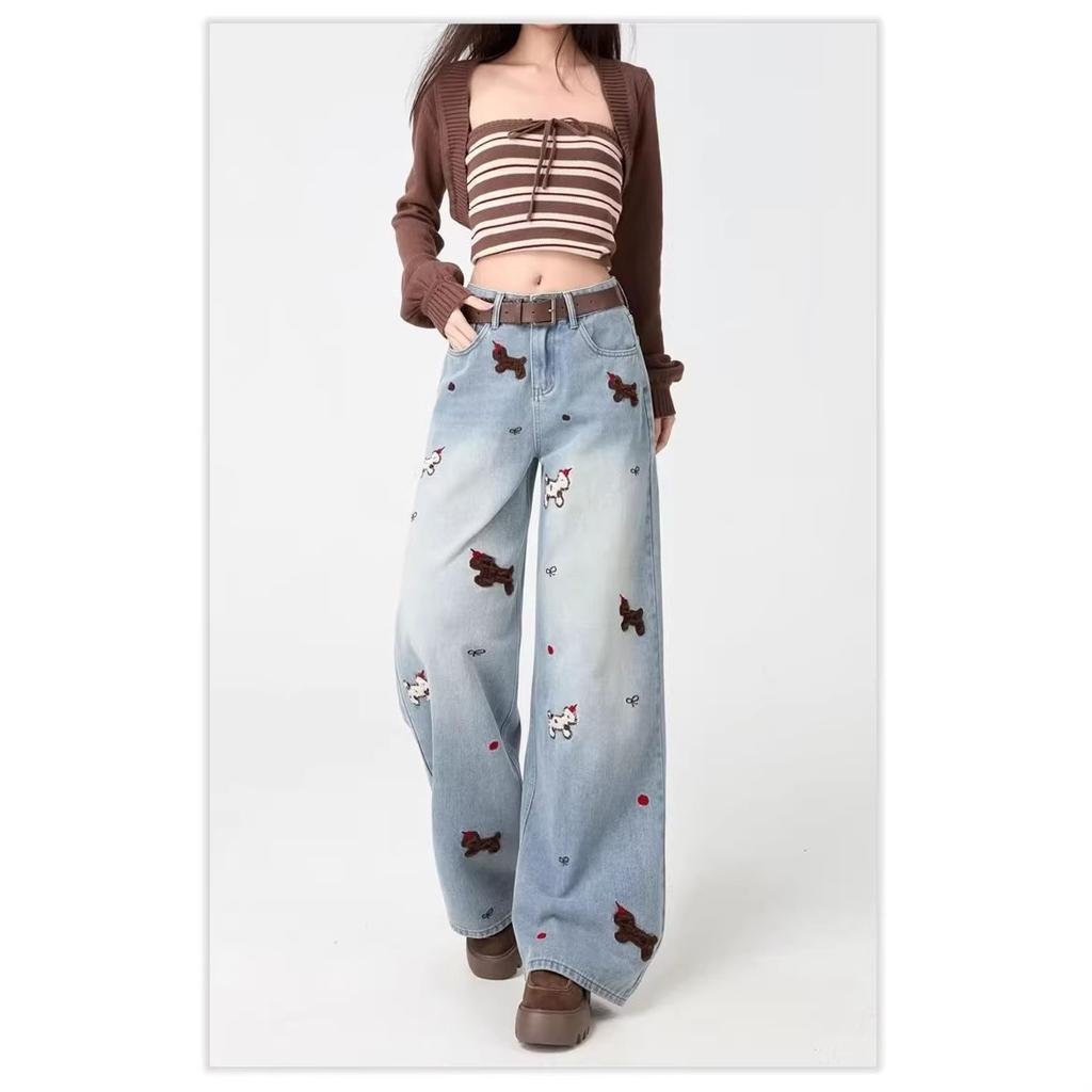 Fashionable puppy embroidered wide-leg jeans women's loose slimming versatile design floor-length pants Cute Dog Embroidered Casual Pants