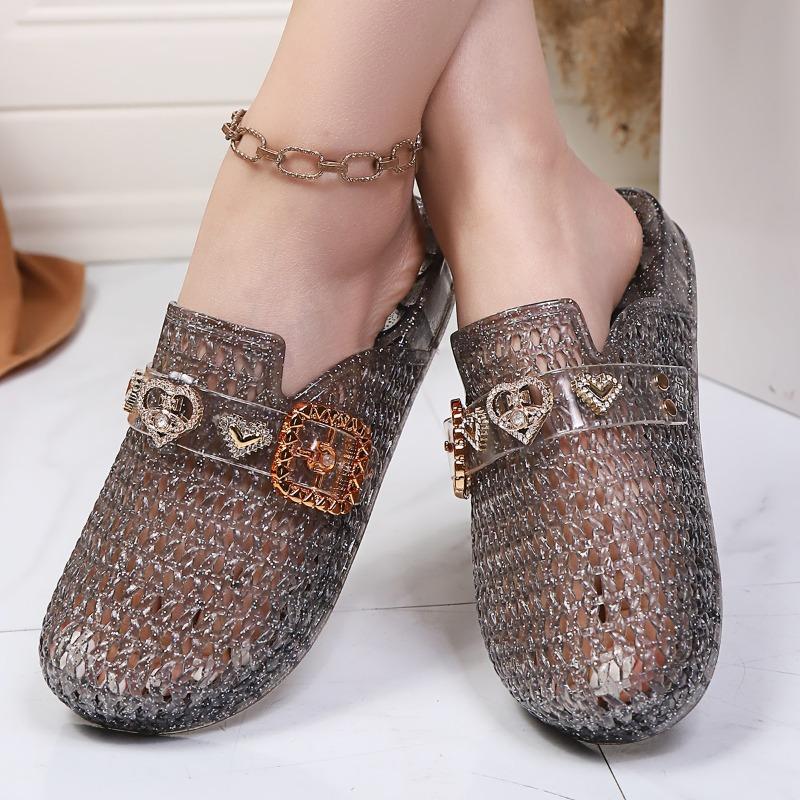 

Jelly Crystal Baotou Slippers Women s Outside Wear Summer Fashion Seaside Beach Sandals Hollow-out Non-slip Cool Mopping 40 чорний