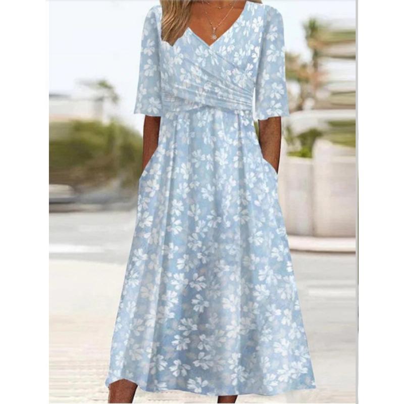 European and American Summer V-neck Pocket Dress Women s Floral Short-sleeved T-shirt S