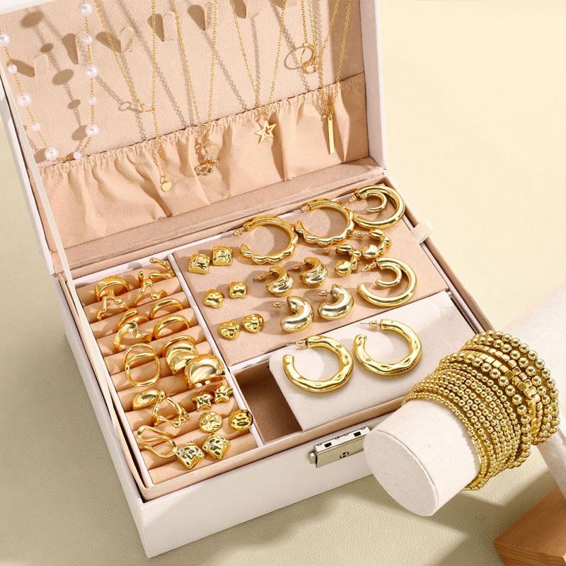 Elegant Vintage Jewelry Set for Women Gold Color Necklaces Earrings Irregular Rings Bead Bracelet Daily Wear Jewelry Gift No Box