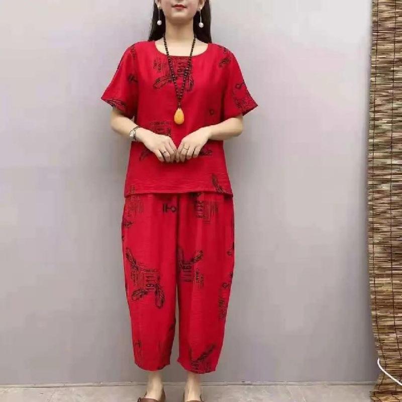 Popular Summer Hemp Short-sleeved Mother's Clothing for Middle-aged and Elderly People, Large Size, Casual, Western Style, Loose Two-piece Trendy Suit