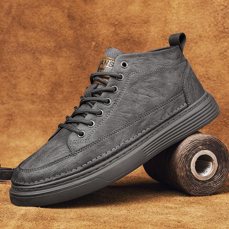 Autumn High-top Lace-up Board Shoes Outdoor Sports Fashion Trend Single Shoes Men's Medium Tube Flat-bottom Casual Leather Boots