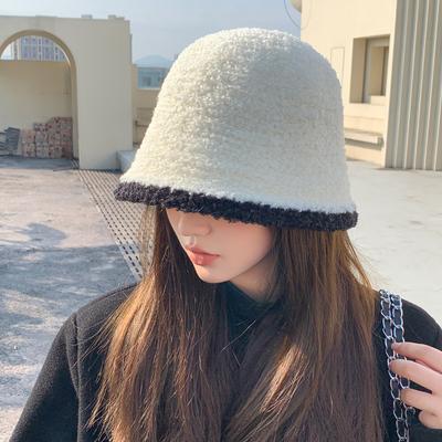 Women's Imitation Lamb Plush Color Blocking Fisherman's Hat Winter Thermal Bucket Hat Fashionable Japanese Basin Hat