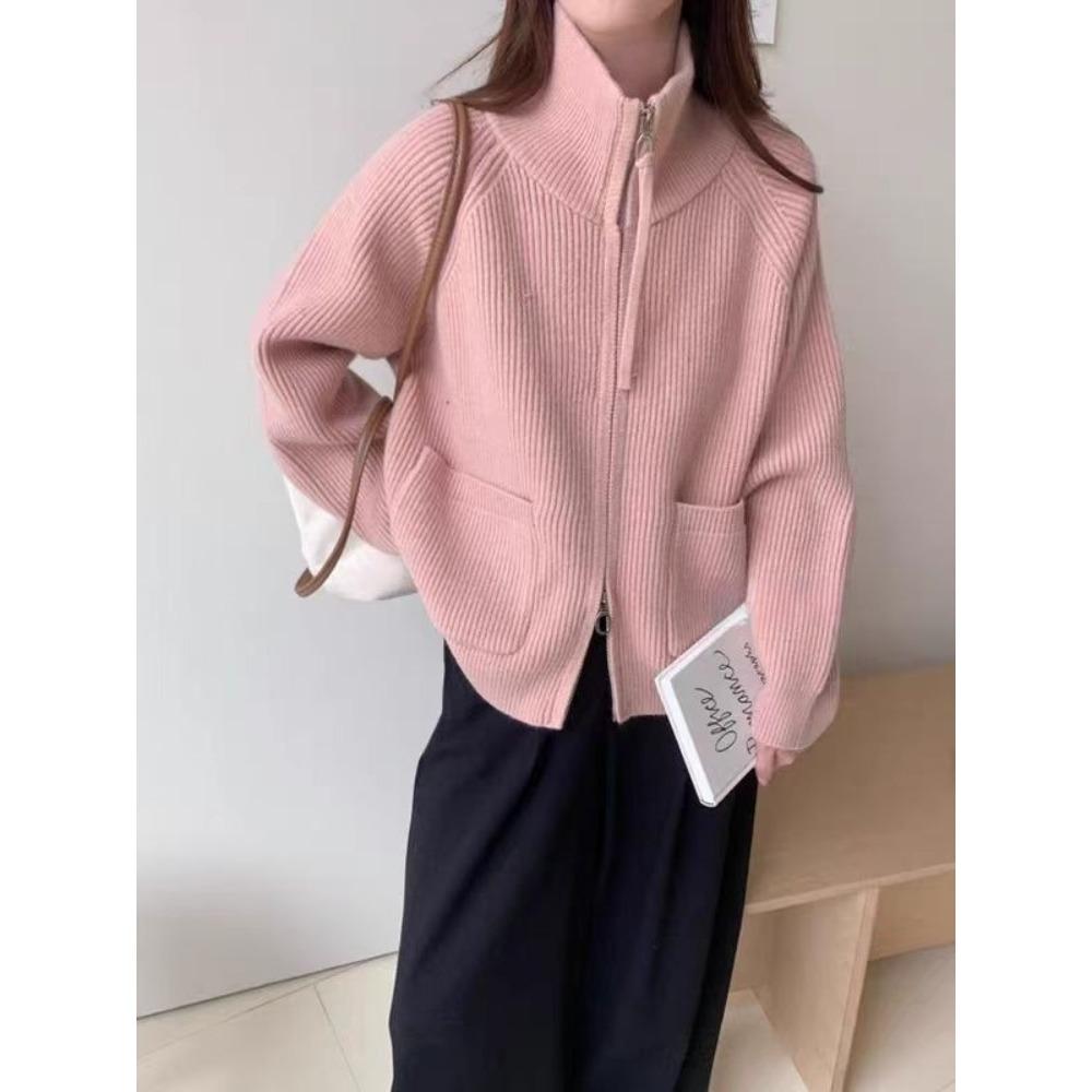 New Autumn and Winter Stand-up Collar, Double Zipper, Long-sleeved, Loose, Large-sized, Laid-back Style Knitted Cardigan Sweater for Women