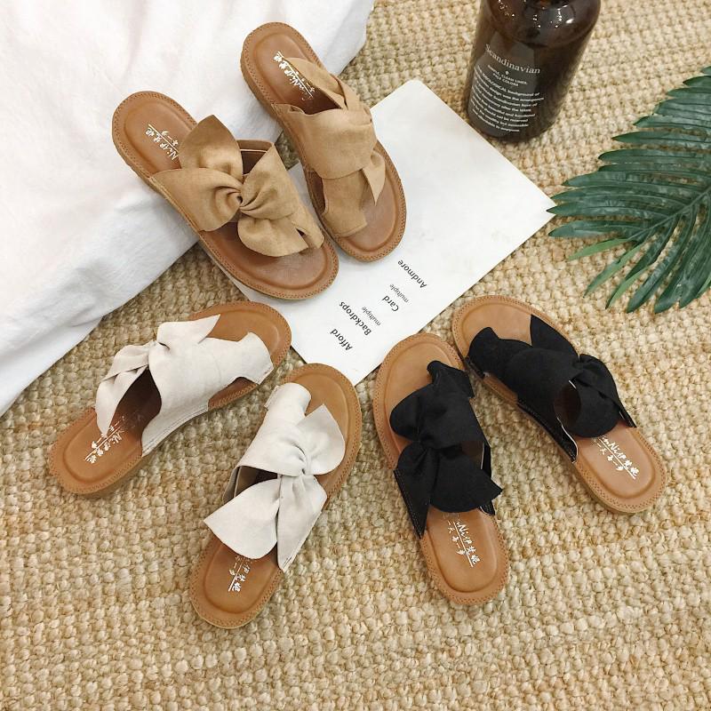 Plus Size Korean Style Non-Slip Flat Bow Beach Slippers for Women - New Summer Arrival