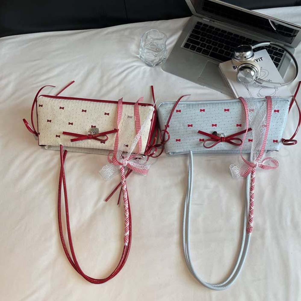 Lace Ribbon French Stick Handbag Sweet Underarm Bags Portable Bow PU Shoulder Bag  Girls