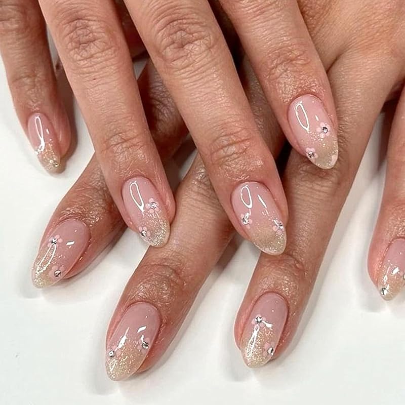 Colorful French Tip Press on Nails Glossy Nude Fake Nails Short Oval Lines Glue on Nails Reusable Acrylic Stick on Nails for Women