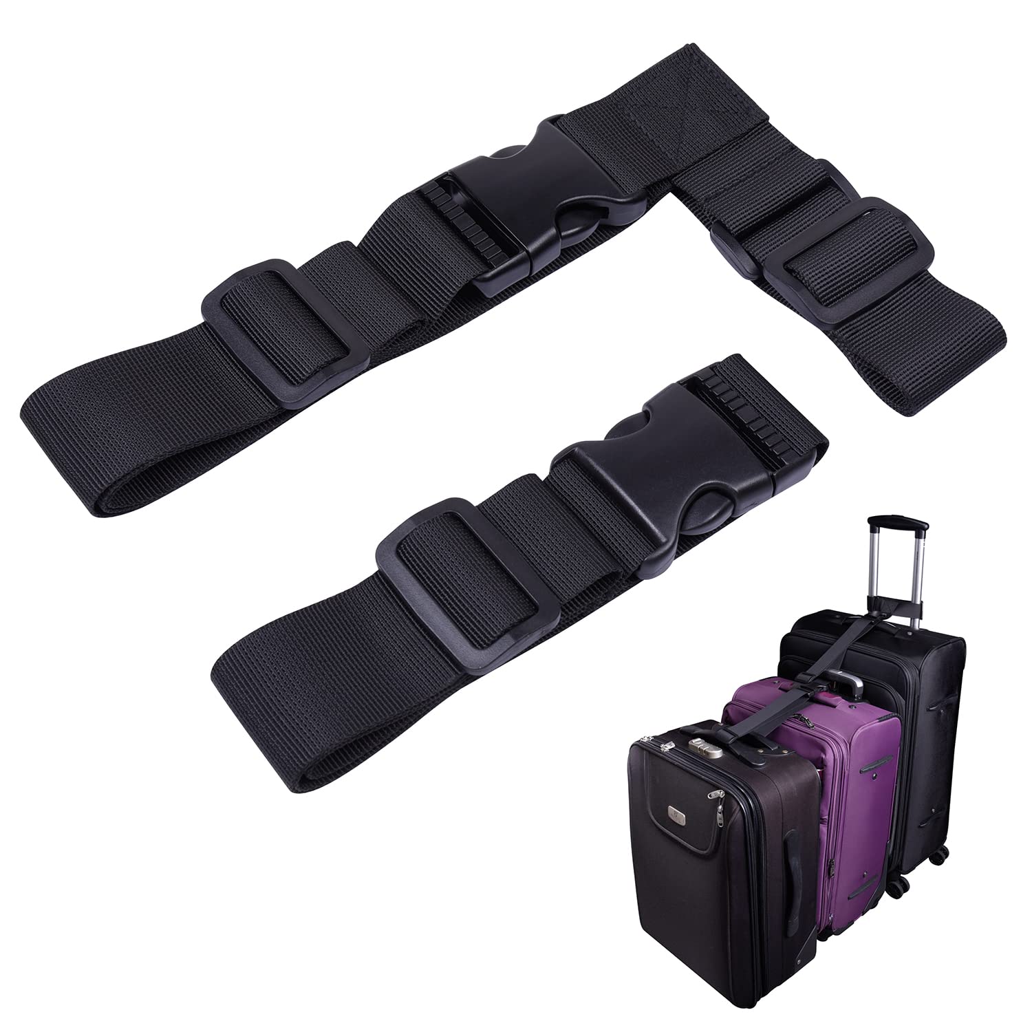

Wisdompro Luggage Straps, Suitcase Connecting Straps, Bag Organizer, Nylon, One-Touch Adjustable Strap, Travel Accessory, Set of 2, Black (T-Shaped)