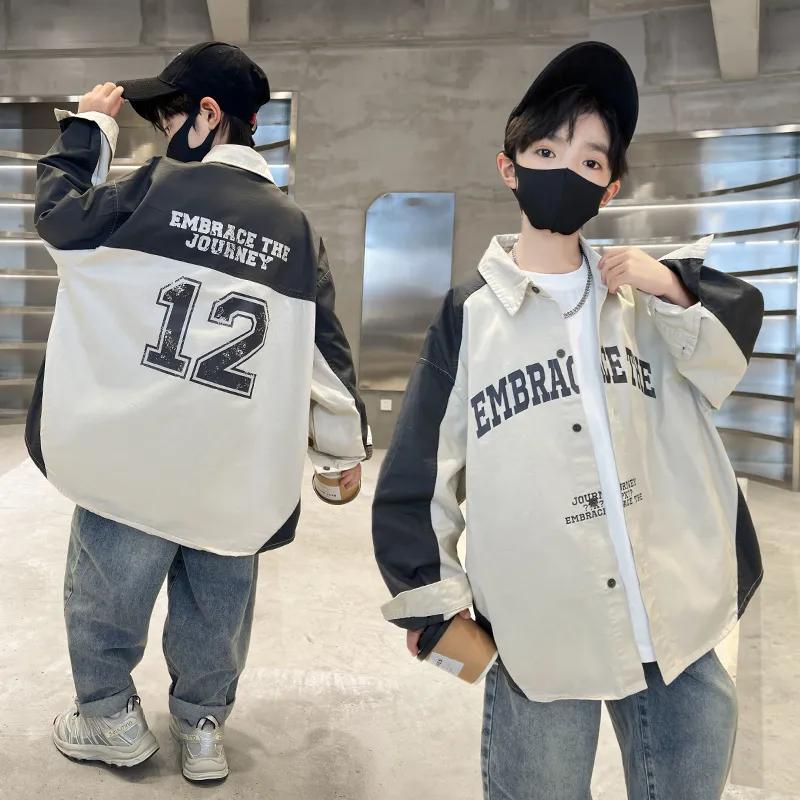 

Boys Spring/Fall Shirt Jacket Medium-Large Kids Color-Block Button-Up Long-Sleeve Stylish Shirt 170