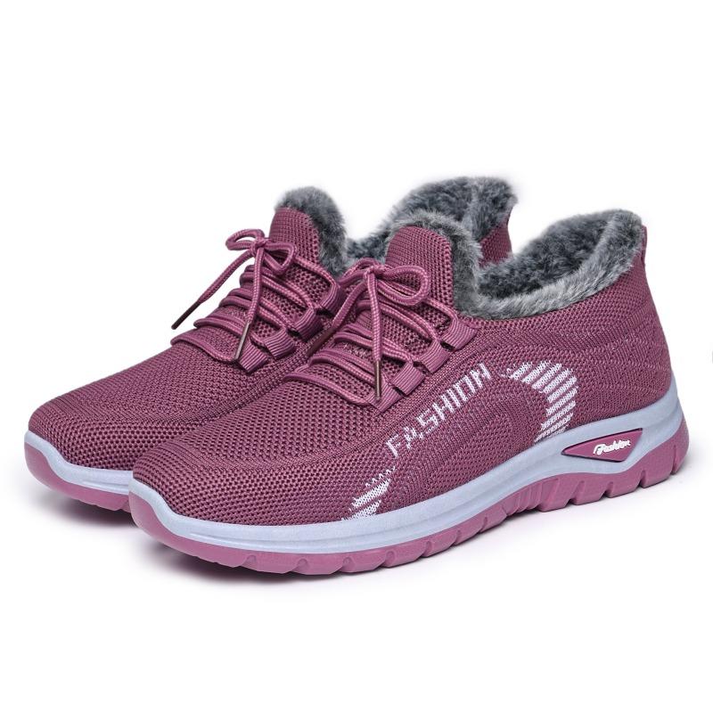 Women Winter Fleece Lined Knit Mesh Walking Shoes, Soft Sole Casual Sports Sneakers for Elderly Mom