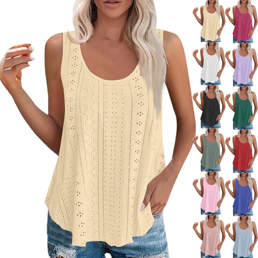 Sleeveless Eyelet Lace Tank Top for Women Casual Summer Scoop Neck Loose Fit Blouse Hollow Out Lightweight Shirt