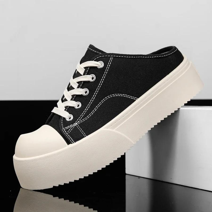 2025 Summer New Half-drag Canvas Shoes Without Heels, Lazy Person's One-foot Wear, Thick-soled, Big-headed Outerwear Board Shoes