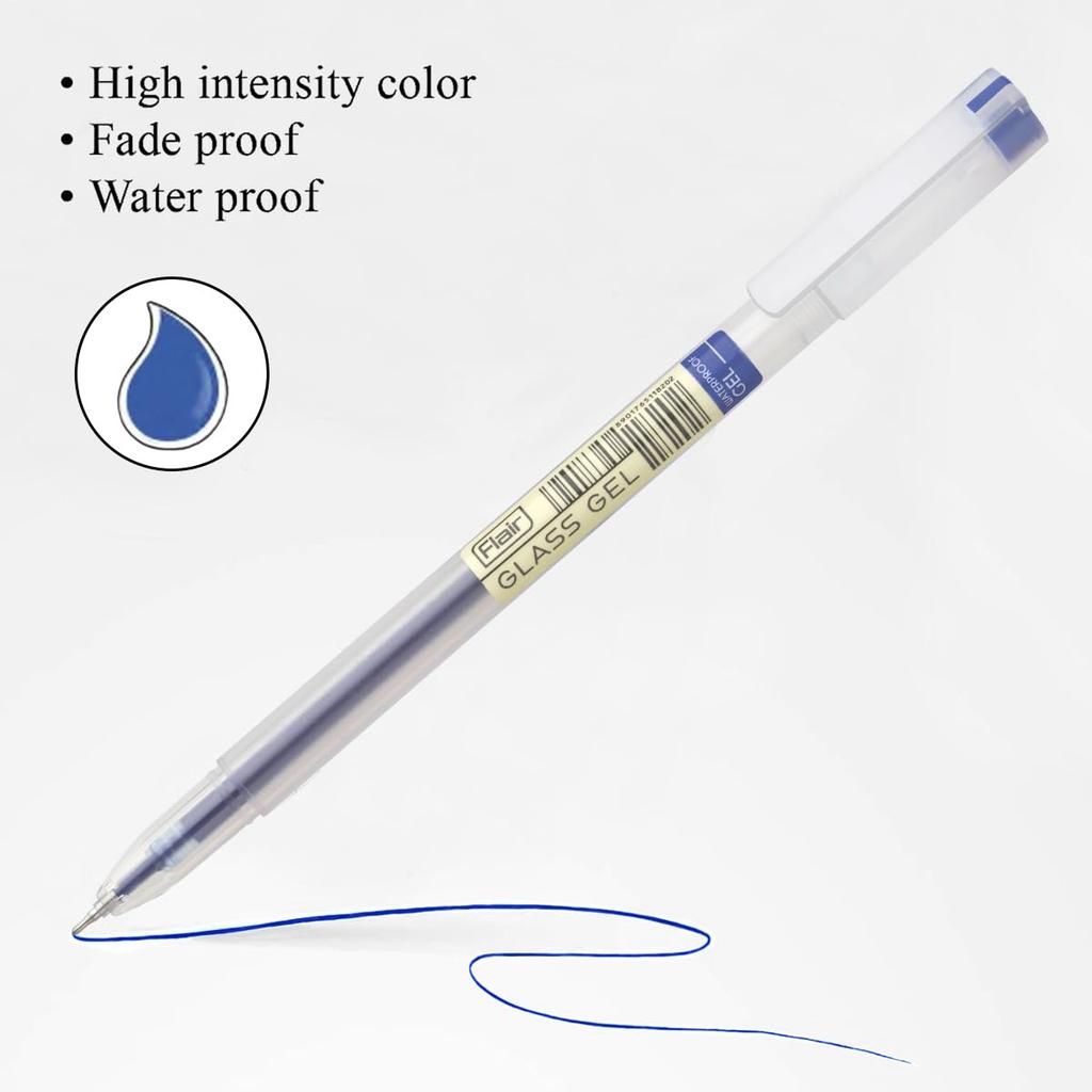 Flair Glass Gel Ball Pen 0.6mm Tip, Blue Ink, Pack of 1 x  30 for Smooth Writing at School & Office