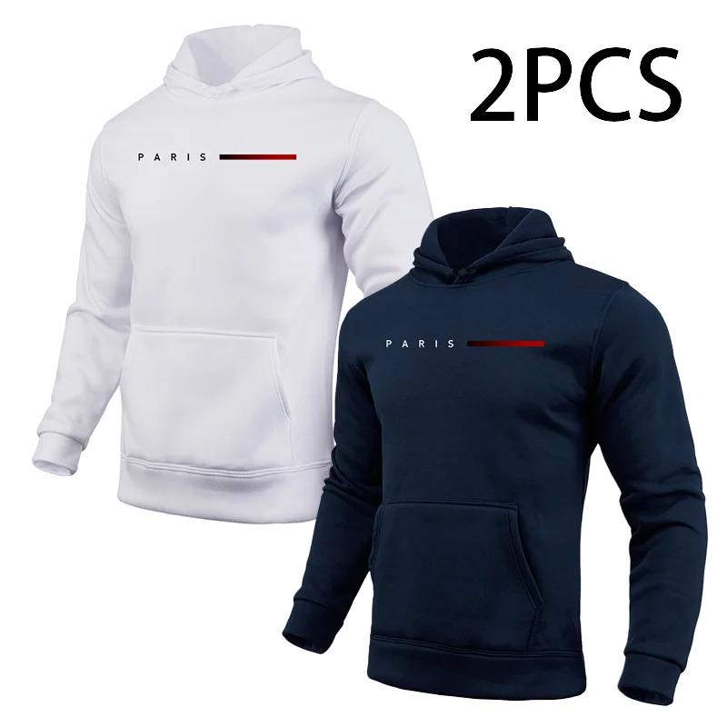 

2pcs Hoodies Male Autumn Winter Hooded Long Sleeve Pullover Paris Printed Sweatshirt Urban Fashion Casual Sporty Hoody Coat 3XL