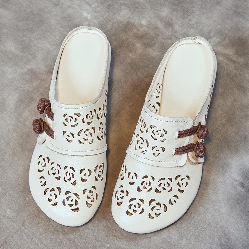 Cool slippers summer wear new bag head sandals first layer cowhide thick heel soft sole sandals women's retro hole shoes