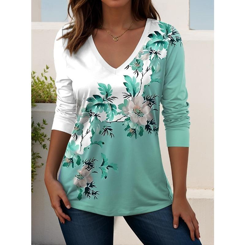 

Женские футболки с цветочным принтом, графикой, растениями, элегантные модные футболки, футболки с длинным рукавом, V-образным вырезом, обычные топы, повседневный пуловер, осень M