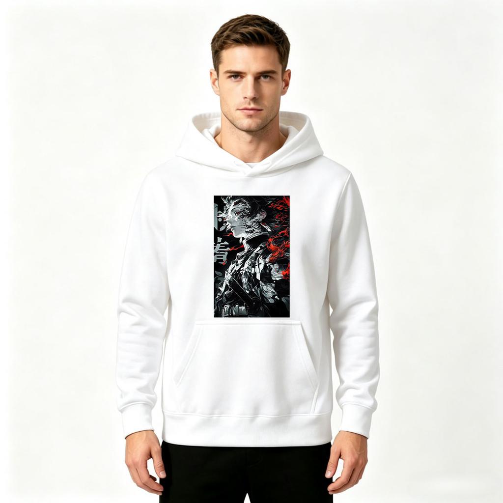 Men Anime Print Pullover Hoodie Casual Long Sleeve Streetwear Hooded Sweatshirt for Daily Wear