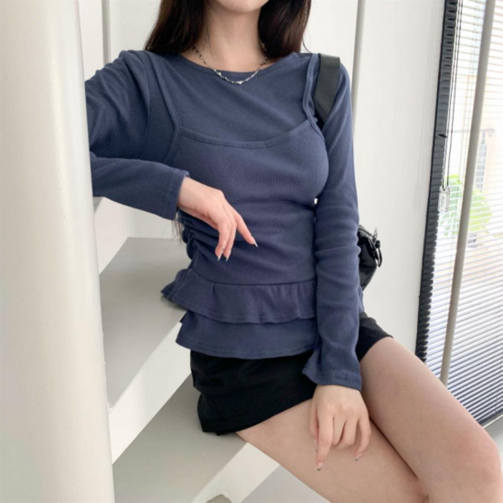 New Arrivals Open Run Women Cotton Spandex Ribbed Layered Long Sleeve Tee