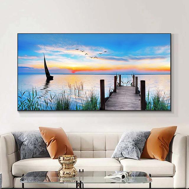 Landscape Sunset Lake Flying Bird Boat Sky Canvas Painting Posters and Prints Wall Art Pictures Living Room Home Decor No Frame No Frame