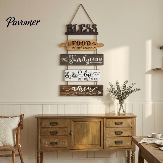 Kitchen Wall Plaque with Rope Wooden Decor, 5 Panel Bless Food Family Love Farmhouse Style Decor Hanging Sign, Art for Dining Room Living Splicing