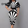 Women O Neck Layer Flared Sleeve Bodycon Dress Irregular Geometric Printing Hip Wrapped Office Lady Work Dress Workwear