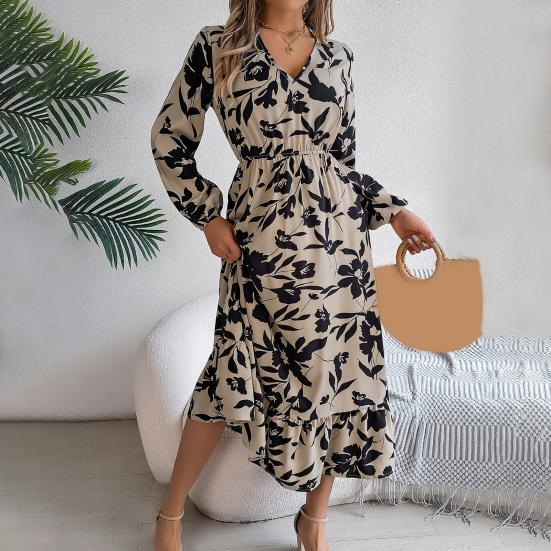 Vestito da donna primavera autunno scollo a V stampa floreale maniche lunghe vita alta stretta linea ad A orlo svolazzante per appuntamenti shopping vestito midi