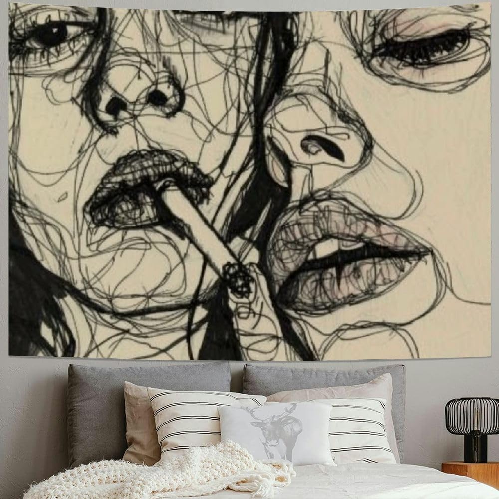 Woman Smoking Line Art Tapestry, Minimalist Wall Hanging For Bedroom Living Room Dorm Multi-Size Home Decor Accessories