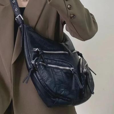 Γυναικεία Ευέλικτη Ρετρό Μαύρη Δερμάτινη Τσάντα Ώμου Μοτοσικλέτας Πολλαπλών Θηκών