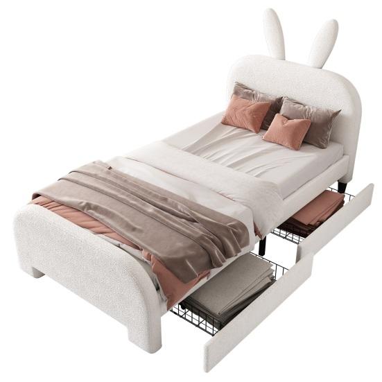 Weiches Bett 90x200cm Hasenform Samtstoff Kinder mit Kopfteil 2 Schubladen Ergonomisches Design Starke Holzlattenrost-Unterstützung Heimmöbel Kinder