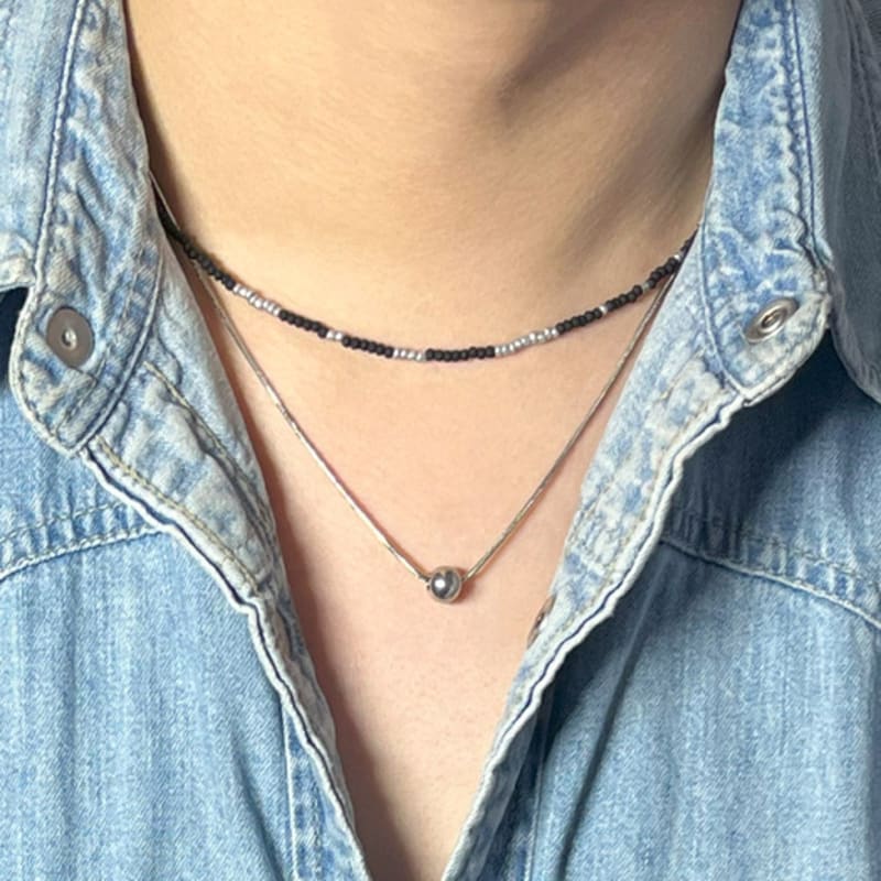 S SY [SET] HANDMADE GLASS BEADS & SILVER BALL LAYEring necklace