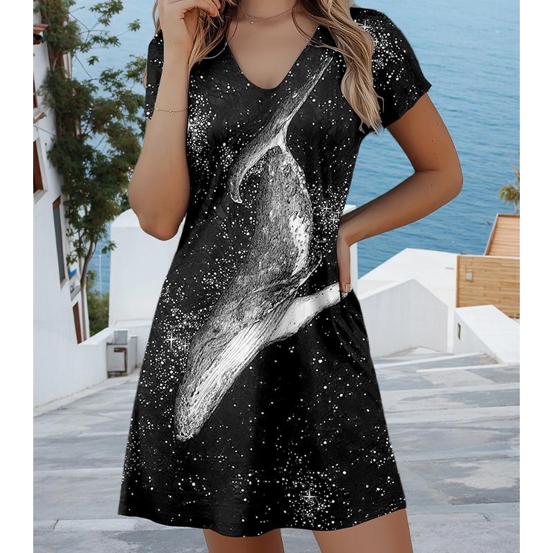 Letní móda Dámské šaty s výstřihem do V, krátkým rukávem, v retro stylu, s potiskem, sexy krátká sukně, šaty
