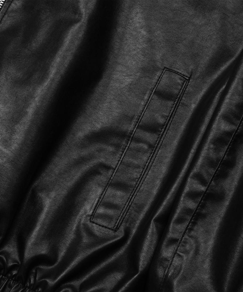 Doffjason Oversized Vegan Leather Windbreaker Jacket (Black)