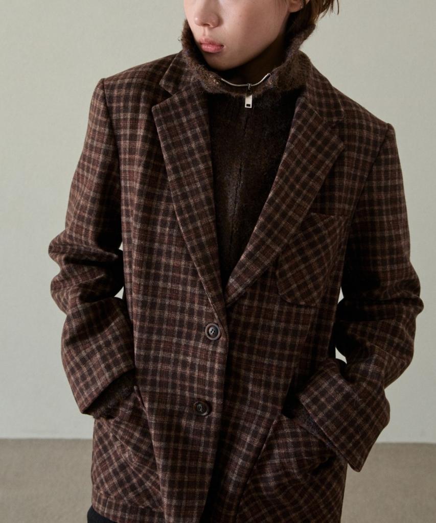 Wioe Overfit Vintage Check Wool Blazer_Brown