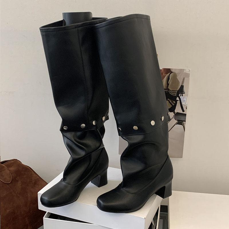 Fashion Female Square Heels Modern Ladies Knee High Boots Shoes Fashion Rivet Women Western Long Boots Pumps Shoes New Autumn Winter