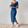 Women’s Square Neck Short Sleeve Ribbed Knit Fitted Midi Dress with Side Slit Bodycon Casual Style for Daily Wear