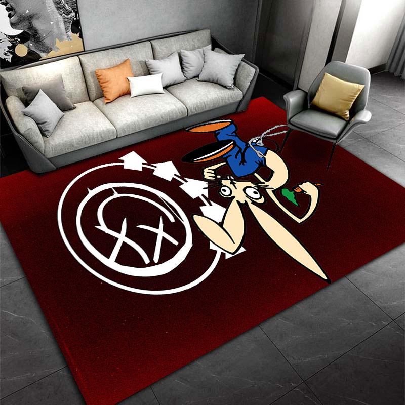 Blink-182 Cartoon Bunny Chained Beside Smiley X Logo Accent Carpet, Retro Mascot Pop Punk Style Design, Cozy Fan Rug Decor and All Seasons Gift