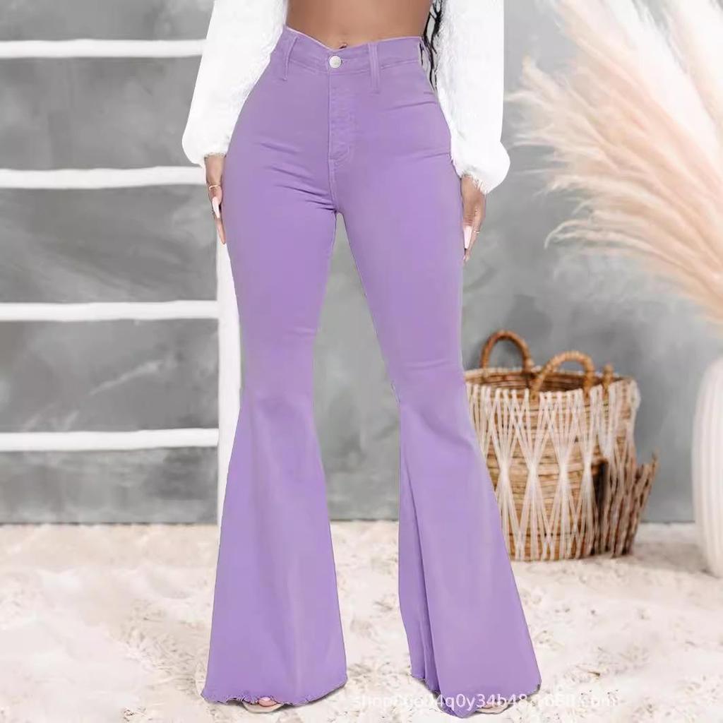Purple Frayed Wide-Leg Stretchy Jeans