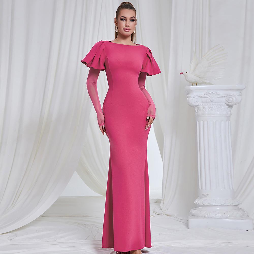 

Элегантное осенне-зимнее платье бодикон с длинным рукавом из сетки и круглым вырезом M розы красного