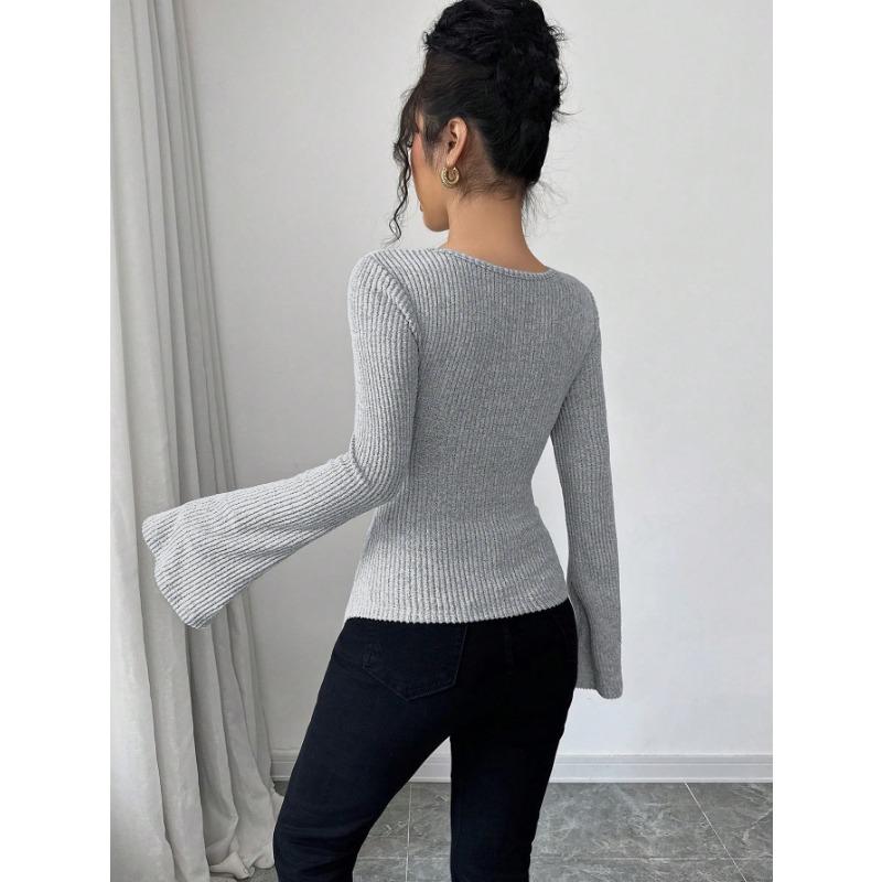Women Solid Off Shoulder Slim Ribbed Knit Long Sleeve Commuting Pullover Base Top