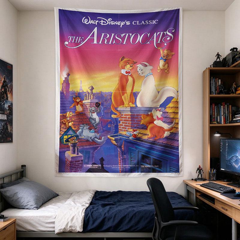 The Aristocats classic Disney poster shows Duchess and O'Malley on Paris rooftops at sunset, pink orange sky, charming vintage Room Decor Accent
