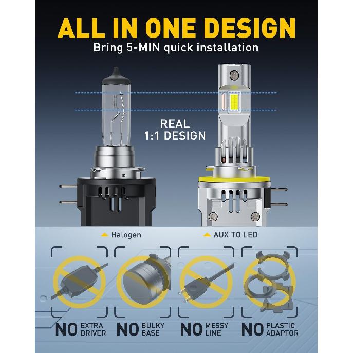 AUXITO H11B LED Bulbs, 600% Brighter Ultra-Bright, Plug N Play, Long Lifespan, No Flicker, 98% Compatibility, 2PCS