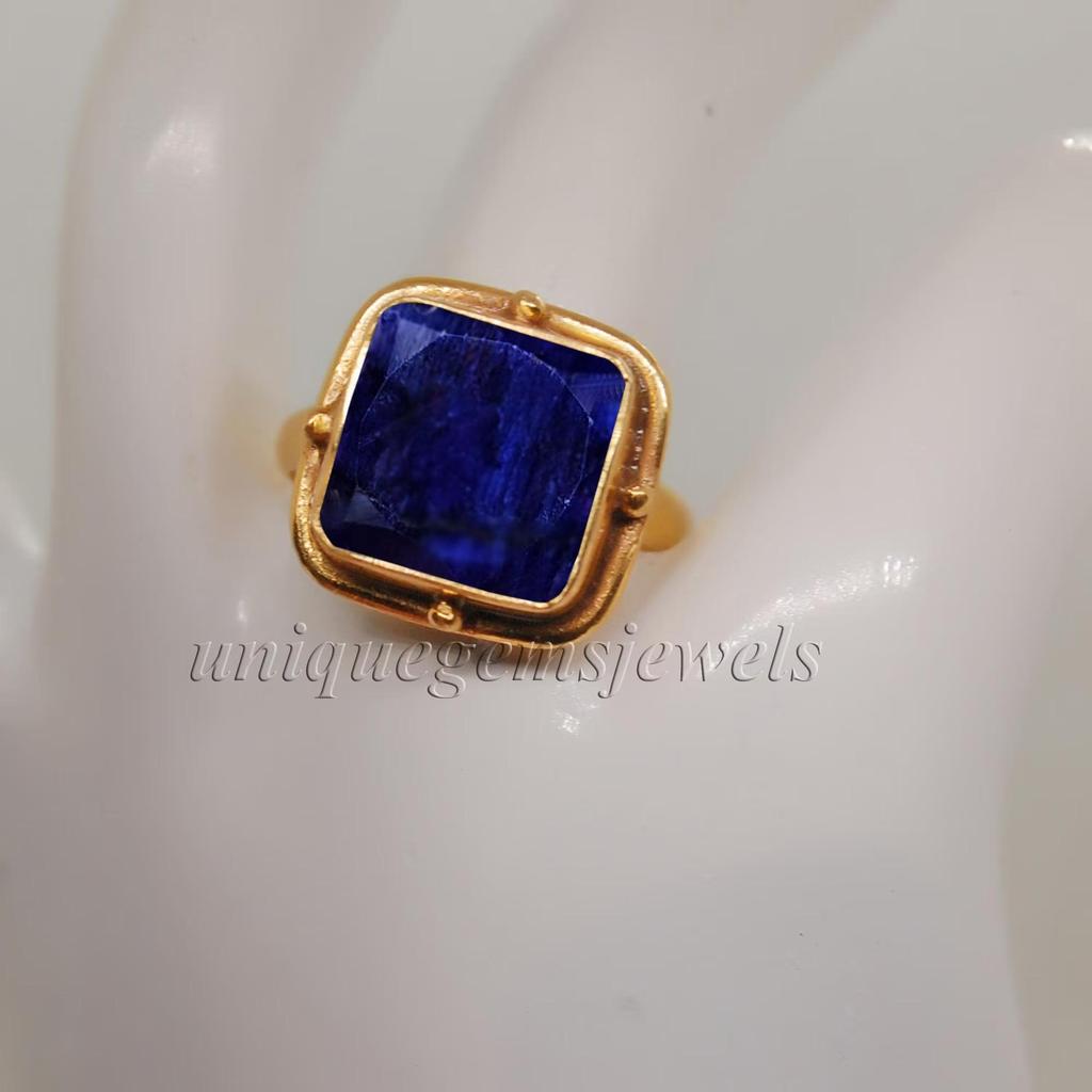 Raw Genuine Blue Sapphire Gems 925 Sterling Silver Yellow Gold Fill Ring, Artisan Gift Handmade Ring