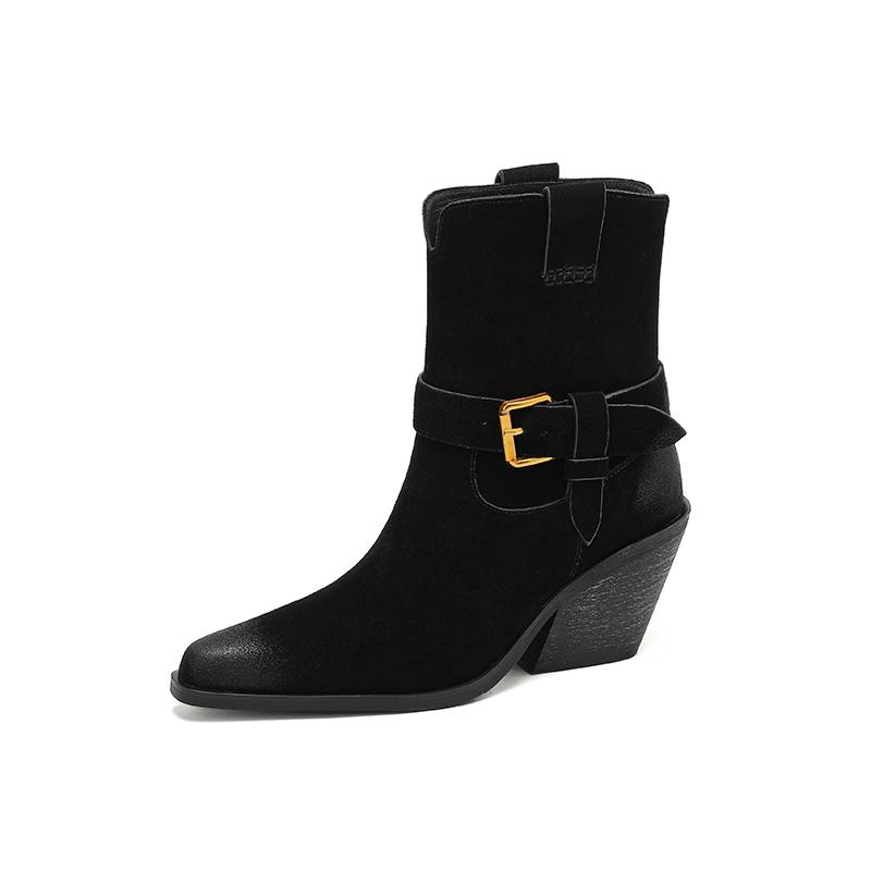 Fashion NEW Autumn Women Boots Pointed Toe Chunky Heel Shoes Cow Suede Leather Shoes for Women Casual Slip-on Western Boots Daily Shoes