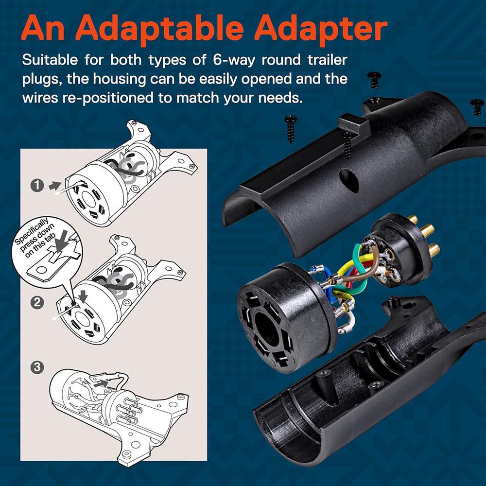 7-Way Blade To 6-Way Round Trailer Adapter Wiring Plug For RV Tow Truck Lights