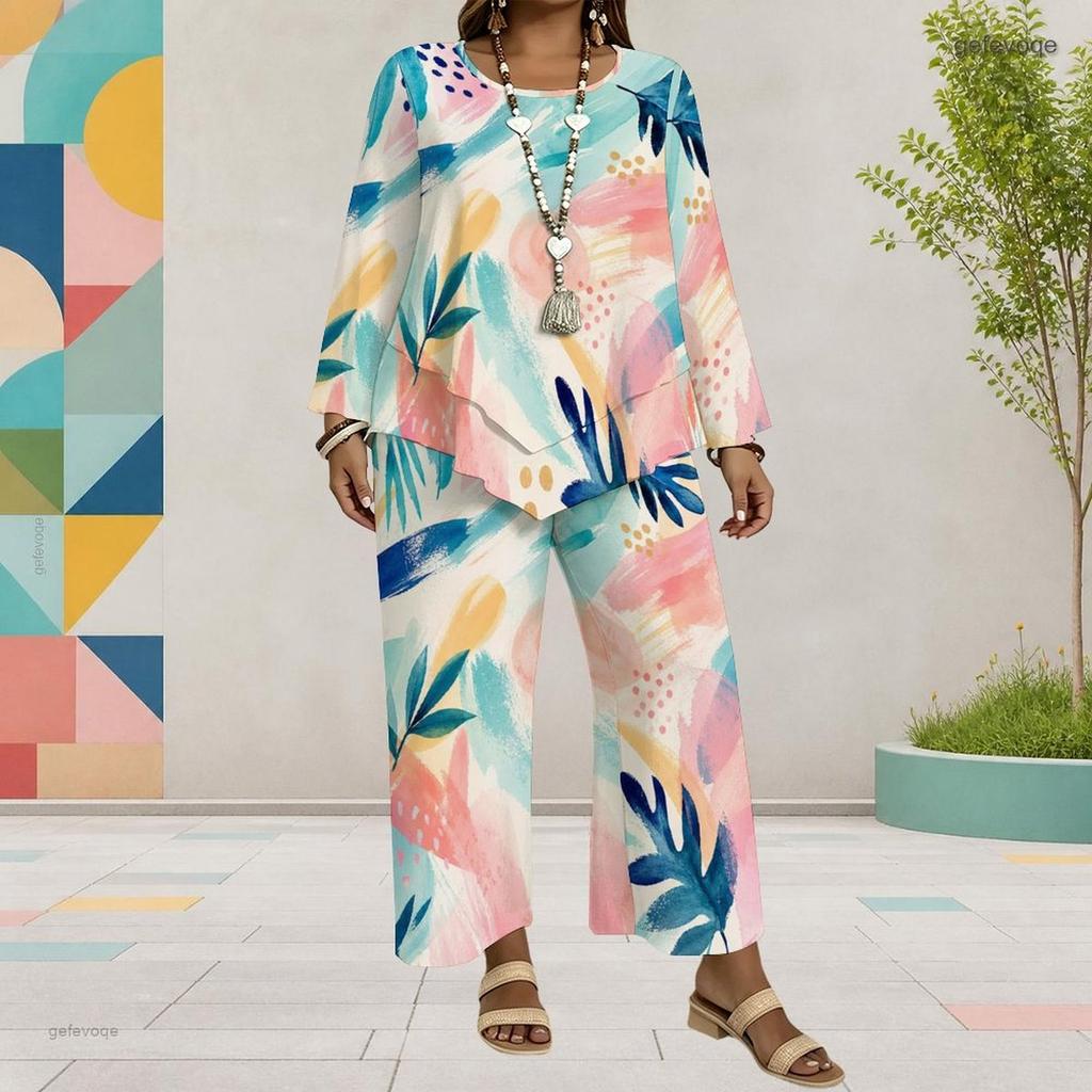 Women Plus Size Round Neck Long Sleeve Printed Layered Top Wide Leg Cropped Pants Two Piece Set