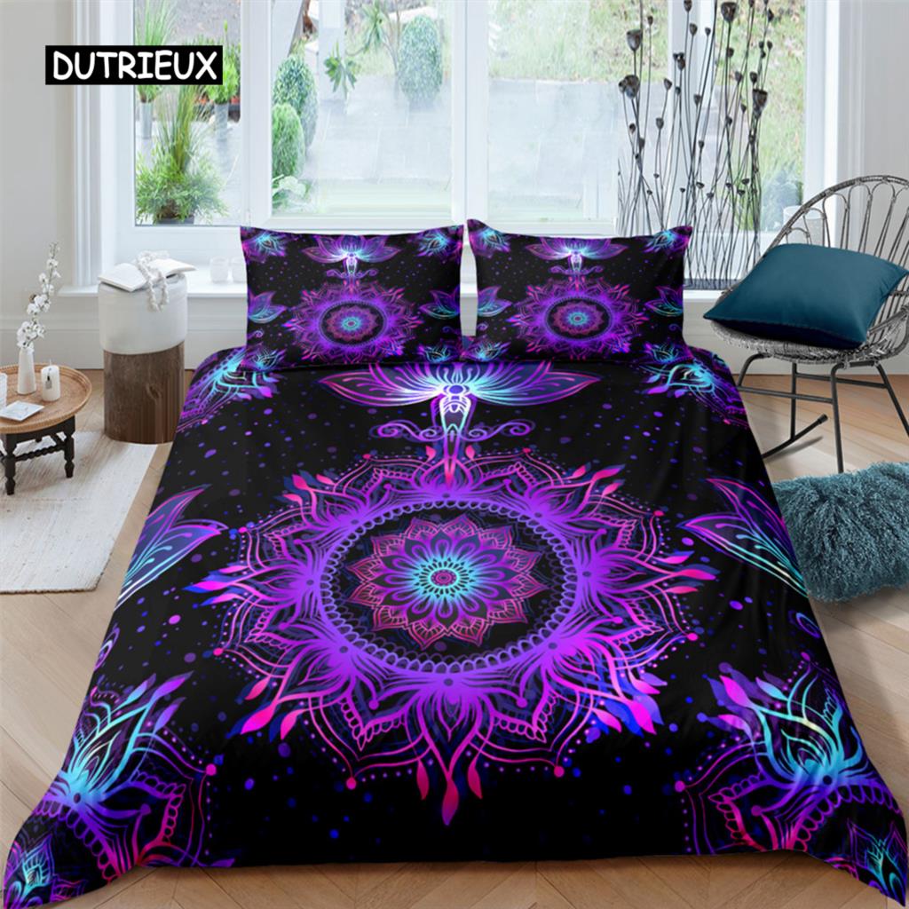 2/3dílná Sada na postel Bohemian Lotus Sada povlaku na přikrývku Mandala Květinový povlak na přikrývku Pro dospělé Černá Polyesterová sada ložního prádla Queen King Twin Pro teenagery