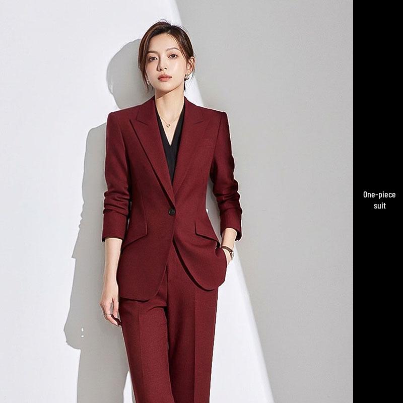 Burgundy Women's Long-Sleeved Suit Set: Elegant One-Button Formal Wear for Office, Luxury Style for Spring and Autumn
