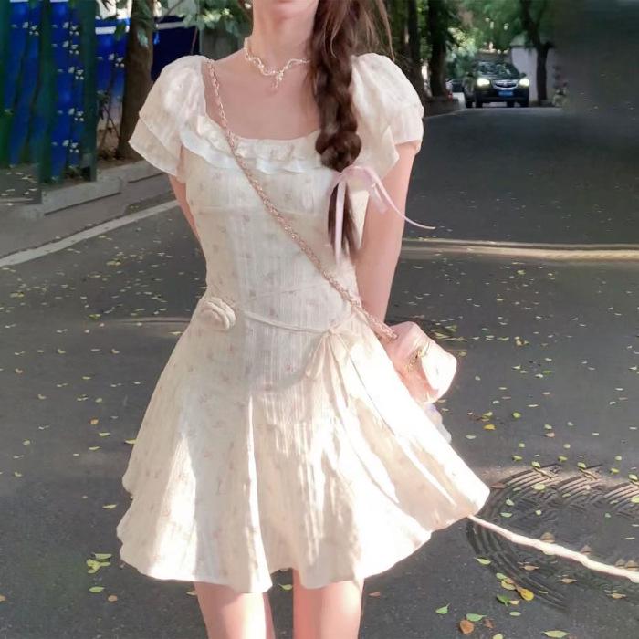 Women s French Style Yellow Floral Square Neck A-line Dress - Slimming Waist, Summer Arrival Extra Large