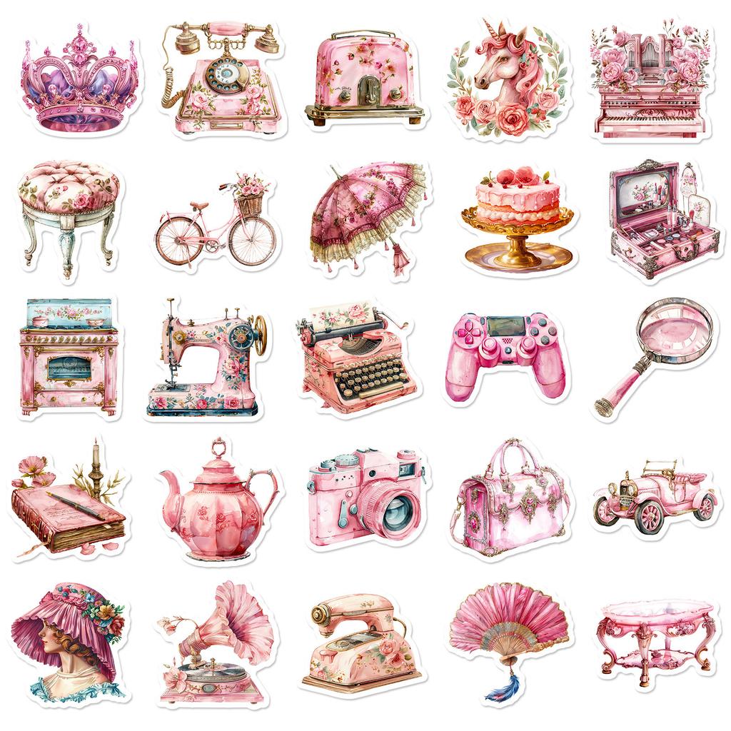 50 Pink Objects Retro Girl Heart Stickers Diy Handbook Luggage Notebook Helmet Stickers Waterproof Stickers