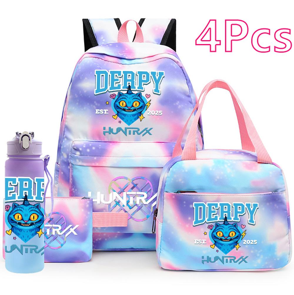 4Pcs/set K-Pop Demon Hunters Printed Backpack Handbag Pencil Case 750Ml Water Bottler for Teenager Boy Girl Large Capacity Waterproof Schoolbag